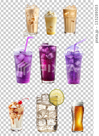 Vanilla cream soda cocktail drink served over ice with whipped cream isolated on white transparent 133289303