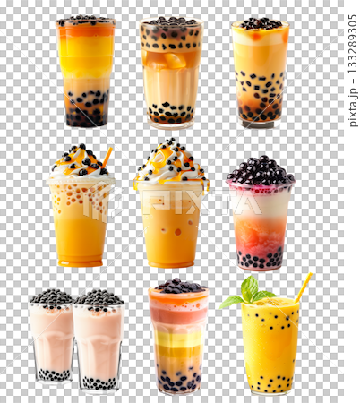 Bubble tea drink that features tapioca pearls and ice isolated on white transparent background 133289305