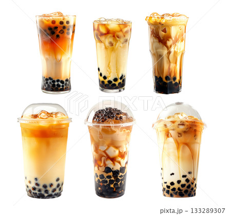 Bubble tea drink that features tapioca pearls and ice isolated on white transparent background 133289307