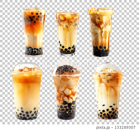 Bubble tea drink that features tapioca pearls and ice isolated on white transparent background 133289307