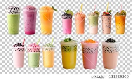 Bubble tea drink that features tapioca pearls and ice isolated on white transparent background 133289309