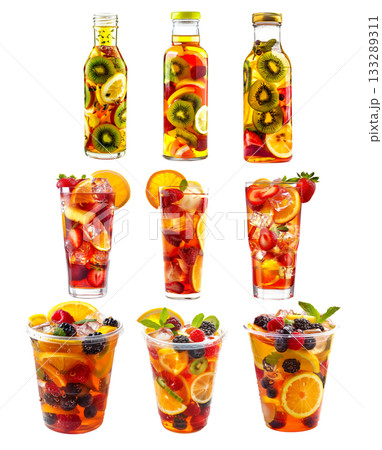 Fruit tea blend of berries, citrus slices and mint leaves isolated on white transparent background. 133289311