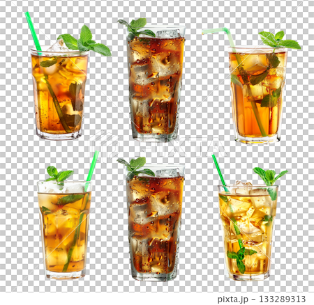 Refreshing ice tea filled with ice cubes and lemon slices isolated on white transparent background 133289313