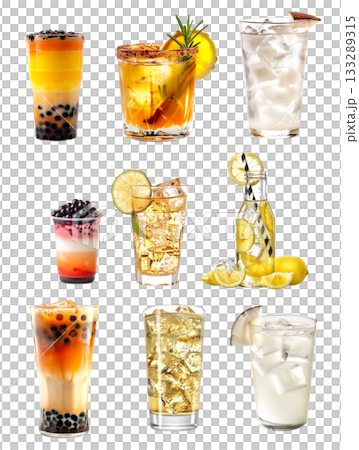 Bubble tea drink that with tapioca pearls and ice, ginger bear ale and sparkling water isolated on white transparent 133289315