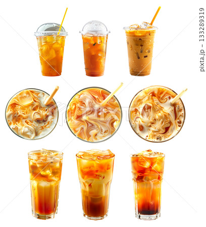 Refreshing milkshake or Thai iced tea in glass with straw isolated on white transparent background Refreshing milkshake or Thai iced tea in glass with straw isolated on white transparent background 133289319