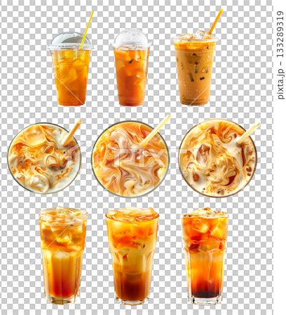 Refreshing milkshake or Thai iced tea in glass with straw isolated on white transparent background Refreshing milkshake or Thai iced tea in glass with straw isolated on white transparent background 133289319