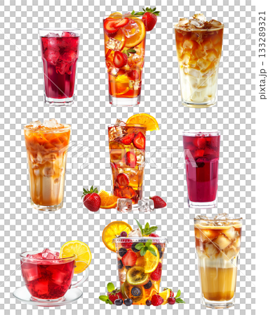 Hibiscus ice tea, Thai iced tea and fruit tea blend of berries, citrus slices and mint leaves isolated on white 133289321