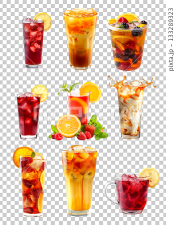 Hibiscus ice tea, Thai iced tea and fruit tea blend of berries, citrus slices and mint leaves isolated on white 133289323