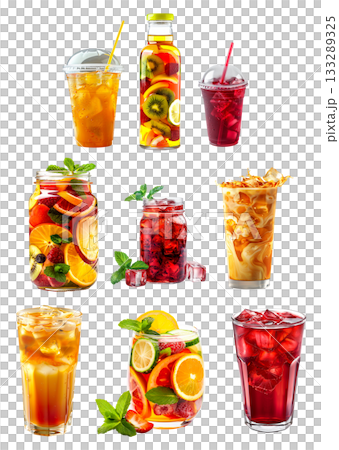 Hibiscus ice tea, Thai iced tea and fruit tea blend of berries, citrus slices and mint leaves isolated on white 133289325