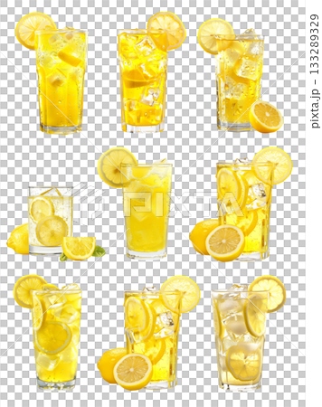 A glass filled with a lemon beverage, ice cubes, lemon slices, and a sprig of rosemary garnishing the drink. 133289329