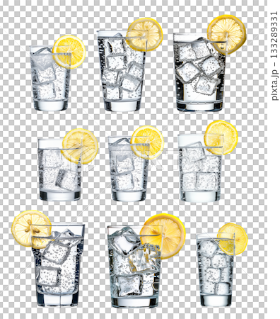 A glass filled with sparkling water, ice cubes, and a slice of lemon isolated on white transparent. A glass filled with sparkling water, ice cubes, and a slice of lemon isolated on white transparent. 133289331