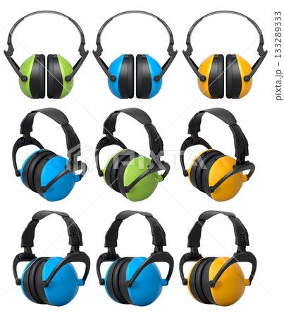 Set of colorful protective earmuffs isolated on a white background with clipping path, concept of hearing protection 133289333