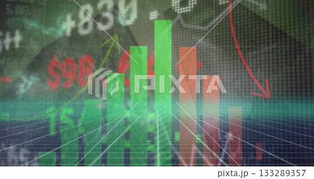 3D bar chart cluster rising then falling on grid plane, with dollar, numeric and arrow overlays 3D bar chart cluster rising then falling on grid plane, with dollar, numeric and arrow overlays 133289357