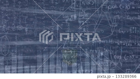 Displaying mathematical annotations covering chalkboard space, with equations and plotted charts 133289366