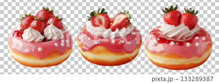 Donut topped with pink strawberry glaze, whipped cream, and fresh strawberries, isolated on white transparent background Donut topped with pink strawberry glaze, whipped cream, and fresh strawberries, isolated on white transparent background 133289387