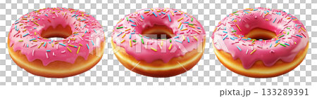 Tasty donut topped with white glaze and colorful sprinkles, isolated on white transparent background 133289391
