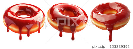 Tasty donut with glossy red glaze dripping down, isolated on white transparent background. Concept of sweet dessert Tasty donut with glossy red glaze dripping down, isolated on white transparent background. Concept of sweet dessert 133289392