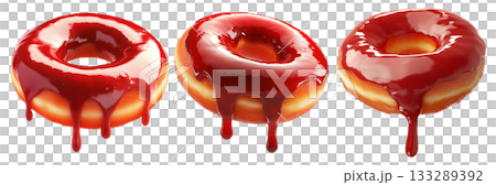 Tasty donut with glossy red glaze dripping down, isolated on white transparent background. Concept of sweet dessert Tasty donut with glossy red glaze dripping down, isolated on white transparent background. Concept of sweet dessert 133289392