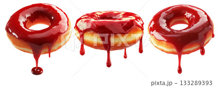 Tasty donut with glossy red glaze dripping down, isolated on white transparent background. Concept of sweet dessert 133289393