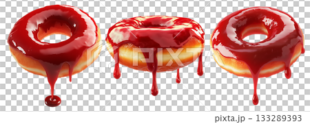 Tasty donut with glossy red glaze dripping down, isolated on white transparent background. Concept of sweet dessert 133289393