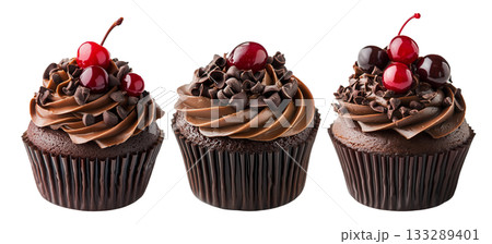 Chocolate cupcake topped with rich frosting, red cherries, and chocolate chips, isolated on white transparent background Chocolate cupcake topped with rich frosting, red cherries, and chocolate chips, isolated on white transparent background 133289401