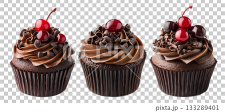 Chocolate cupcake topped with rich frosting, red cherries, and chocolate chips, isolated on white transparent background 133289401