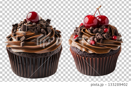Chocolate cupcake topped with rich frosting, red cherries, and chocolate chips, isolated on white transparent background Chocolate cupcake topped with rich frosting, red cherries, and chocolate chips, isolated on white transparent background 133289402