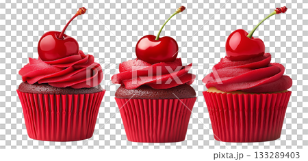 Chocolate cupcake with red frosting and cherry on top, isolated on white background, concept of dessert and sweets 133289403