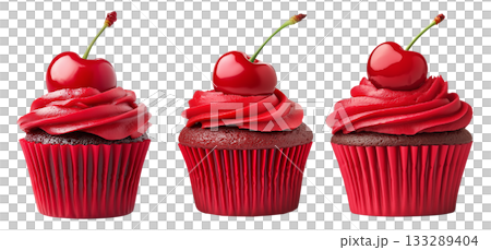 Chocolate cupcake with red frosting and cherry on top, isolated on white background, concept of dessert and sweets 133289404