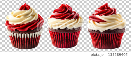 Chocolate cupcake with smooth white and red frosting swirl, isolated on white background. Concept of sweet dessert treat 133289405
