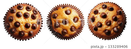 Chocolate chip muffin in paper cup, top view food, isolated on white background. Concept of sweet baked dessert 133289406