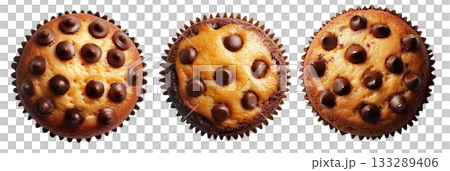 Chocolate chip muffin in paper cup, top view food, isolated on white background. Concept of sweet baked dessert 133289406