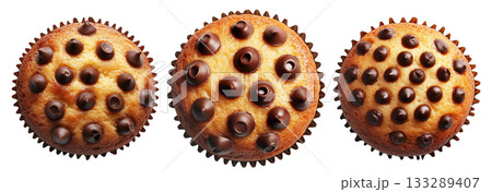 Chocolate chip muffin in paper cup, top view food, isolated on white background. Concept of sweet baked dessert 133289407
