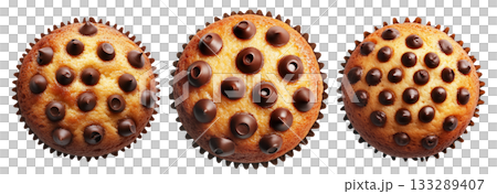 Chocolate chip muffin in paper cup, top view food, isolated on white background. Concept of sweet baked dessert 133289407
