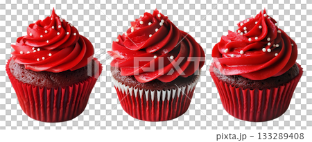 Chocolate cupcake with red swirl frosting and white sprinkles, isolated on white transparent background. 133289408