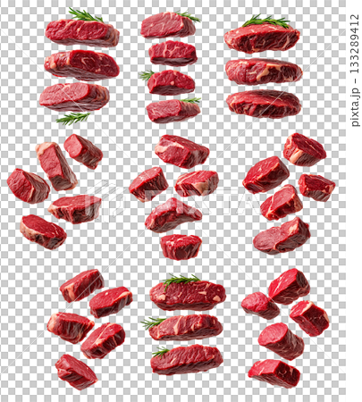 Set of fresh cuts of Beef tenderloin isolated on a white background, concept of meat freshness. 133289412