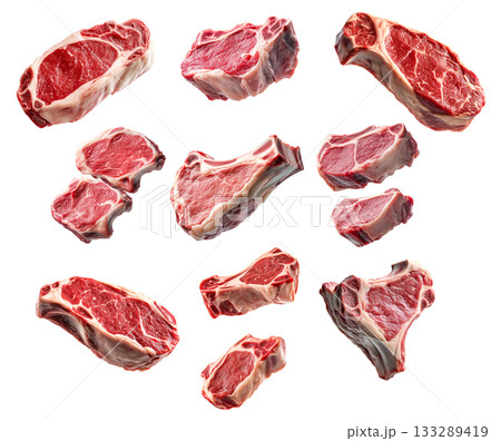 Set of fresh Lamb chop cut, isolated on white background, showcasing culinary concept 133289419