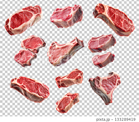Set of fresh Lamb chop cut, isolated on white background, showcasing culinary concept 133289419