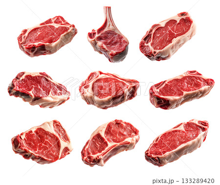 Set of fresh Lamb chop cut, isolated on white background, showcasing culinary concept 133289420
