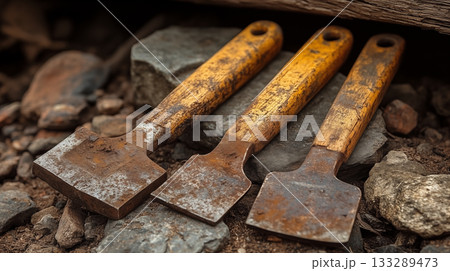 Vintage wooden chisels arranged on stone, traditional craftsmanship tools 133289473