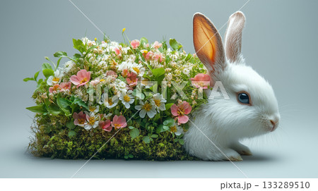 White rabbit decorated with spring flowers, nature harmony concept White rabbit decorated with spring flowers, nature harmony concept 133289510