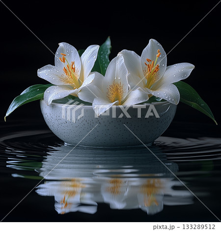 White lilies floating in ceramic bowl with water drops, zen spa arrangement White lilies floating in ceramic bowl with water drops, zen spa arrangement 133289512