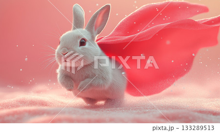 White rabbit superhero with flowing cape, magical character concept 133289513