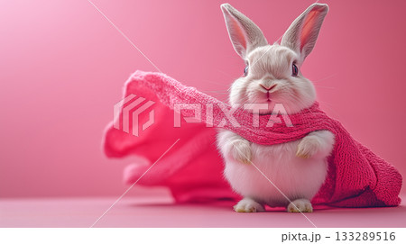 White rabbit wearing pink scarf against pink background, creating whimsical winter portrait 133289516