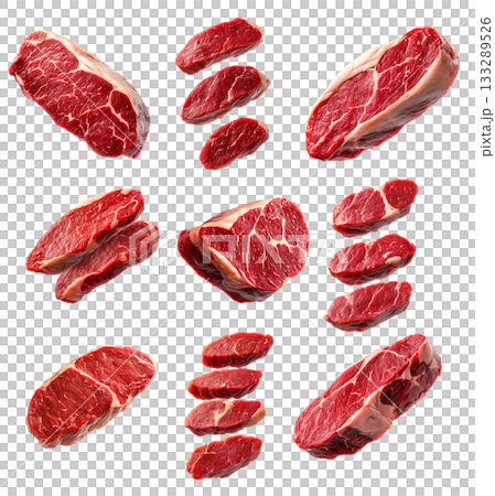 Set of pork tenderloin steak showcasing marbled texture isolated on white background, emphasizing freshness and quality. Set of pork tenderloin steak showcasing marbled texture isolated on white background, emphasizing freshness and quality. 133289526