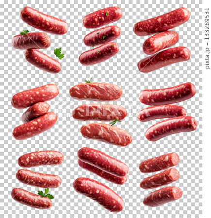 Set of raw pork sausages isolated on white background, concept of culinary ingredients Set of raw pork sausages isolated on white background, concept of culinary ingredients 133289531