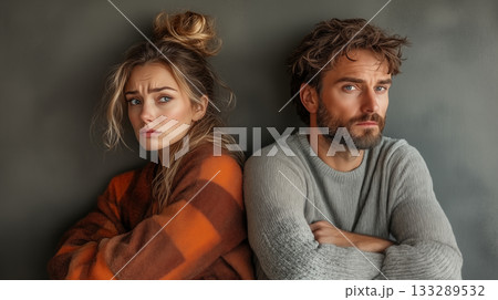 Young couple showing emotional tension in modern studio, relationship concept 133289532