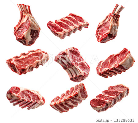 Set of rack of Lamb, isolated on white background, showcasing culinary concept Set of rack of Lamb, isolated on white background, showcasing culinary concept 133289533
