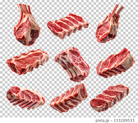 Set of rack of Lamb, isolated on white background, showcasing culinary concept Set of rack of Lamb, isolated on white background, showcasing culinary concept 133289533