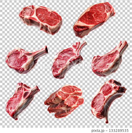 Set of fresh Lamb chop cut, isolated on white background, showcasing culinary concept Set of fresh Lamb chop cut, isolated on white background, showcasing culinary concept 133289535